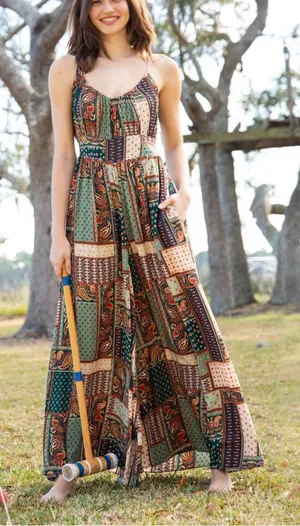NWT Women’s Natural Life Golden Eye Wide Leg Paisley Patchwork Jumpsuit Size M thumbnail 1