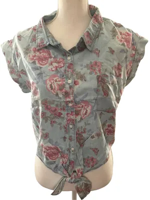 Highway Jeans Light Blue Button-Front Floral Tie Hem Shirt thumbnail 1