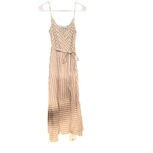 Petal + Pup Odette Midi Dress Womens 4 Tan White Striped Linen Blend V-Neck‎ thumbnail 2