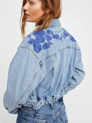 Free People Light Blue Denim Jacket with Blue Floral Embroidery thumbnail 2