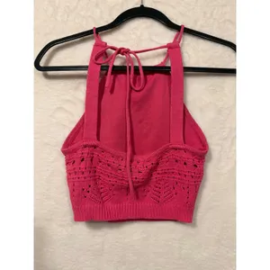 Hot Pink Crochet Knit Halter Top Womens Small‎ Boho Pointelle Crop Tank Tie Back thumbnail 5