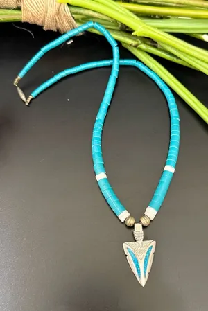 Vintage Southwestern Silver-tone Turquoise Heishi Beads Pendant Necklace thumbnail 1