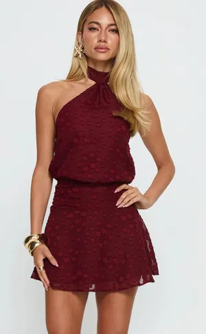 Princess Polly Eurythmic Scarf Halter Mini Dress Jacquard burgundy halter mini dress thumbnail 1
