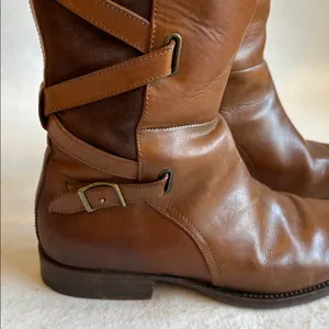 Frye Brown Leather Knee-High Boots with Suede criss cross accents size 8.5 thumbnail 3
