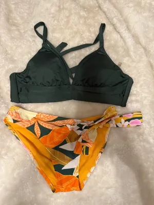 Aerie Bikini Set, Green Tie Top with Colorful Bottoms thumbnail 1