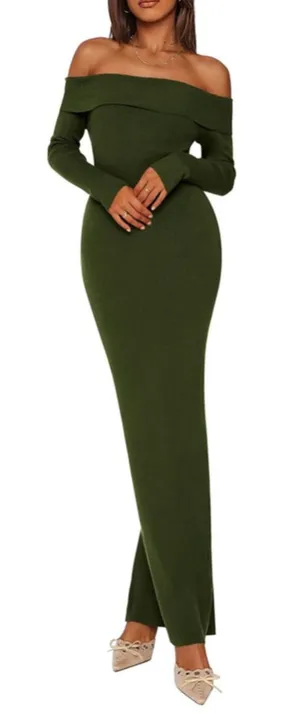 NEW PrettyGarden Green Off Shoulder Ribbed Knit Maxi Dress XL thumbnail 1