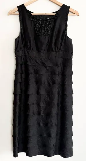Vintage 90s y2k Adrianna Papell black tiered ruffle beaded vampy sheath dress thumbnail 1