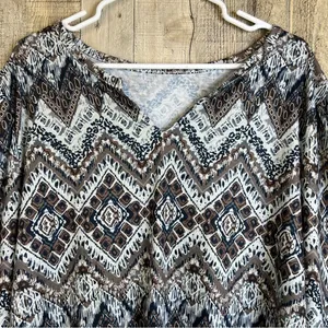Unbranded Xxl Tribal Print Notched V-Neck Top w/Long Puff Sleeve & Shirr… thumbnail 4