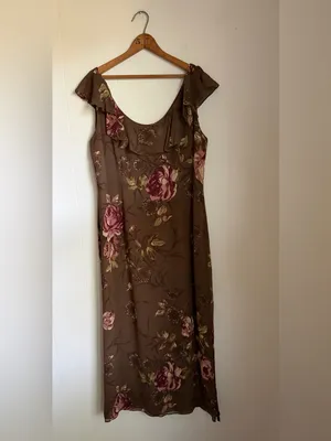 Morell Maxie Floral Column Dress Brown Pink Silk 14 Ruffle Sleeveless Y2K Fairy thumbnail 2