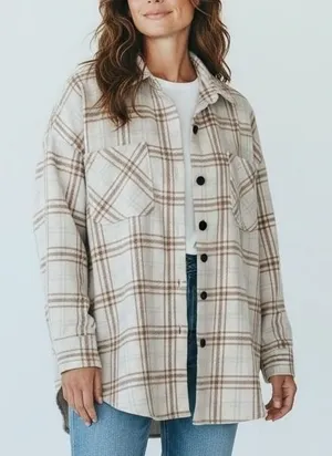 Plaid Shacket Women Medium Tan Oversized Flannel Button Up Shirt Neutral Cozy thumbnail 1