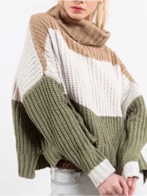 POL Womens Oversize Colorblock Turtleneck Sweater Chunky Knit Cream Tan 3XL thumbnail 3