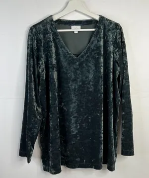 J. Jill Sz M Crushed Velvet Blouse V-Neck Shirred Back Long Sleeve Green Holiday thumbnail 3