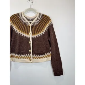 J.CREW Cardigan Brown Brushed Yarn Fair Isle Alpaca Wool Sweater Fuzzy Large thumbnail 7
