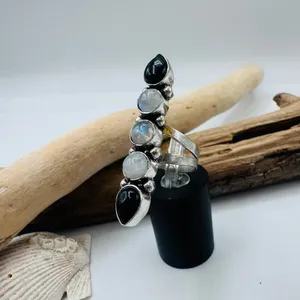 Moonstone & Onyx Sterling Silver Plated Statement Ring Size 6 thumbnail 2