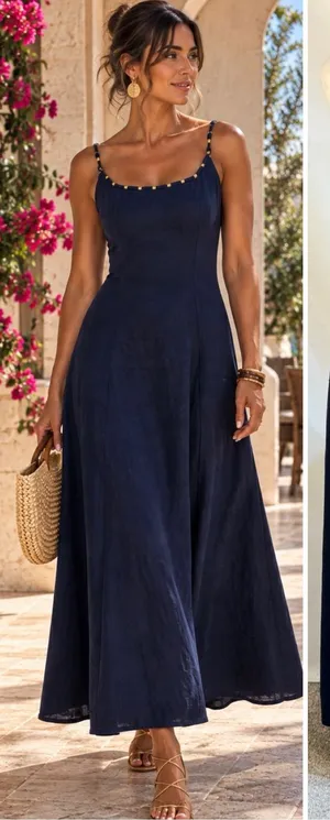 💥Calypso St. Barth Linen Blend Beaded Strap Navy Maxi Dress Sz S🧡 thumbnail 1