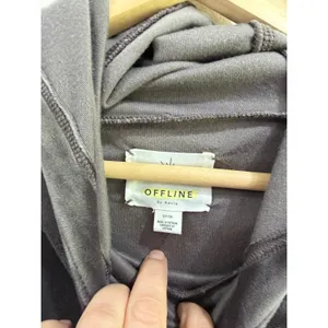 OFFLINE by Aerie Velour Cropped Hoodie Gray Thumbhole Pullover Sweatshirt Small thumbnail 6