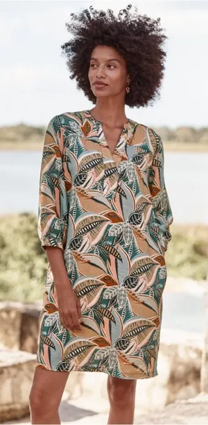 Garnet Hill Women’s Linen Artist Smock Dress Leaf Print Multicolor Summer Relaxe thumbnail 1