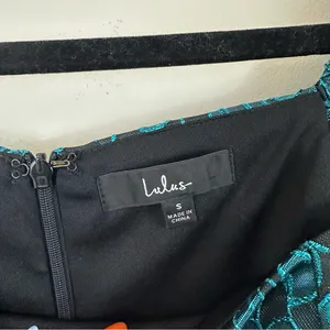 Lulu's Beyond Amazing Dark Teal Blue Floral Jacquard Puff Sleeve Dress Small thumbnail 4