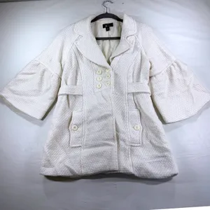 AB Studio Womens Jacket White Tweed Parisian Bell Sleeve Belted Peacoat Size 12‎ thumbnail 2
