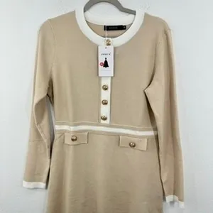 ZESICA‎ Preppy Ladylike Sweater Dress Medium Beige White Gold Buttons Mini NWT thumbnail 2