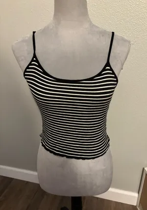 Ambiance Monochrome Striped Tank Top with Lace Up Back, Sz L thumbnail 1