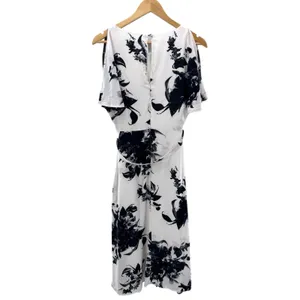 Rimini Black White Floral Print Midi Dress Size Med Flutter Sleeve Belted‎ Lined thumbnail 5