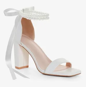 NEW High Heel Wedding Pearl Open Square Toe Block Bow Bridal Shoes 9.5 thumbnail 1