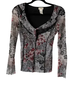 Arianne Top Y2k‎ Small Sheer Black Red Floral Lace Mesh Shirt Whimsigoth Fairy thumbnail 1