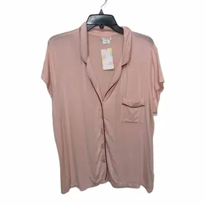 Shimera Pink Modal Button‎ Down Pajama Top Short Sleeve Contrast Piping XL NEW thumbnail 2