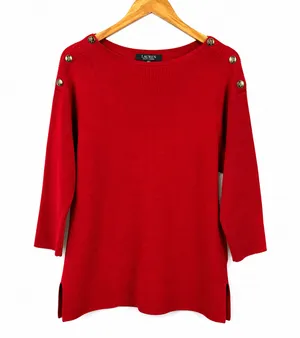 Lauren Ralph Lauren Ribbed Sweater Red Boat Neck Button Shoulder Women's Large thumbnail 1