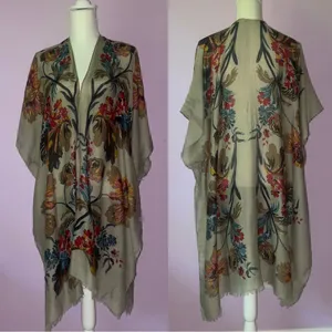 Tan Boho Floral Ruana Longline Shawl Lightweight Wrap thumbnail 2