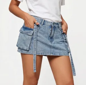 Light Blue Women’s Denim Cargo Mini Skirt with Straps and Pockets Size XL thumbnail 1