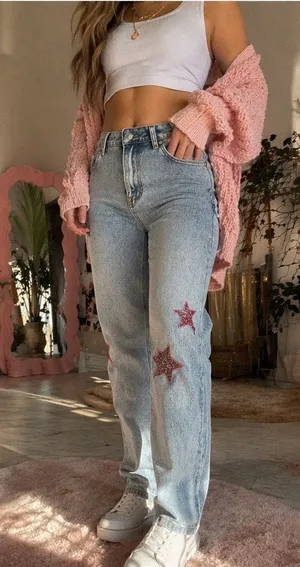 Y2K Barbiecore Pink Rhinestone Star Wide Leg Jeans Bedazzled Festival Glam thumbnail 1