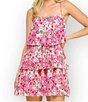 TCEC Pleated Tiered Circle Print Mini Dress Spaghetti Strap Pink Red White M thumbnail 1