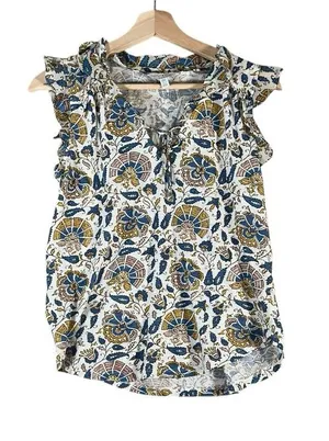 Lucky Brand Womens Blue Creme VTG Y2K Style Floral Boho Indie Ruffled Top Sz‎ M thumbnail 1