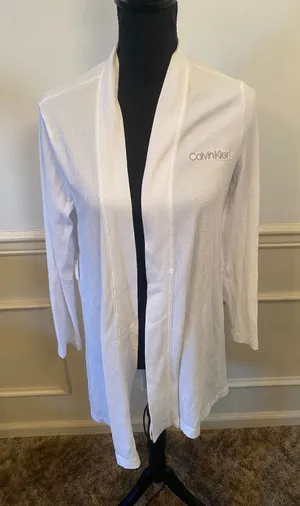 Calvin Klein Sleepwear White Waffle Knit Open Front House Coat Robe Cover Up thumbnail 1