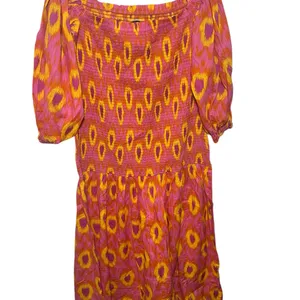 Zara Pink Orange Ikat Smocked Off Shoulder Puff Sleeve Midi Dress‎ Womens XL thumbnail 2