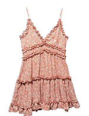 IRIS‎ Floral Ruffle Tiered Mini Summer Dress Coral Pink White Large thumbnail 1
