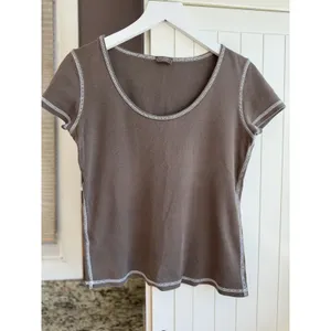 John Galt Brown Baby Tee 100% Cotton Contrast Stitch Y2K Top Size 38 thumbnail 2
