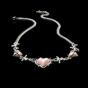 Creative Pink Heart Barbed Wire Silver Plated Choker‎ Length Necklace Soft Goth thumbnail 5