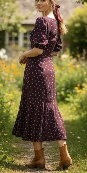 Bobeau Brown Polkadot Midi Dress MEDIUM Cottage Business Casual Biascut Work $88 thumbnail 1