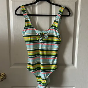 AERIE Women’s Striped One Piece Tie Front‎ One Piece Bathing Suit Sz Large thumbnail 5