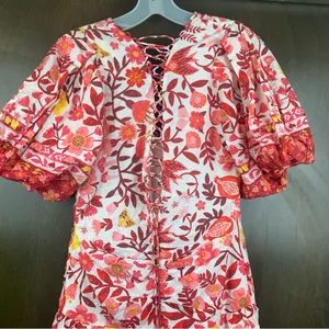 Farm Rio size XS romantic orchard tiered midi dress pink red white thumbnail 15
