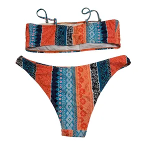 Boho Patchwork Bandeau Bikini Set High Cut Cheeky 2 Piece Swimsuit thumbnail 5