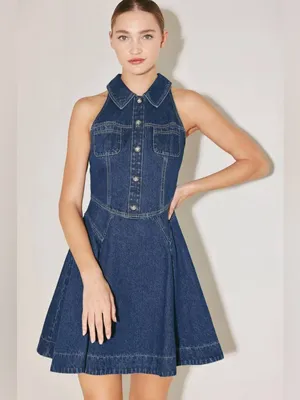 Flying Tomato Sleeveless Denim Fit-and-Flare Dress - Dark Blue Small thumbnail 5