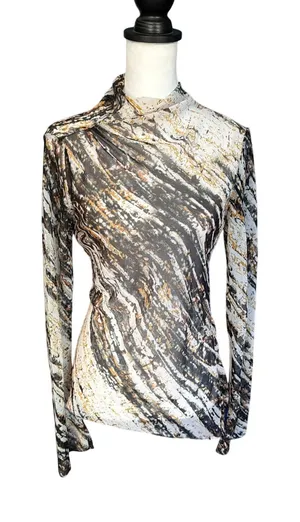 ZARA Sheer Printed HIGH NECK ASYMMETRIC TOP Size S thumbnail 1