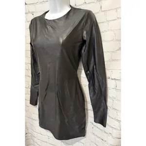 Naked Wardrobe Black Leather Look Round Neck Long Sleeve Bodycon Mini Dress S thumbnail 2