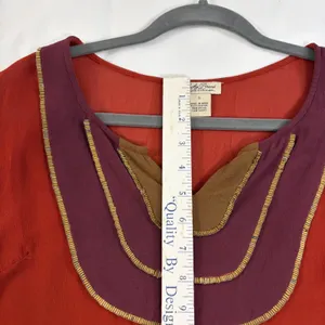 Lucky Brand Rust‎ Red Boho Beaded Bib Long Sleeve Rayon Blouse Small Metallic thumbnail 7