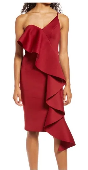 Lavish Alice Burgundy Red One Shoulder Ruffle‎ Midi Dress US 6 NEW thumbnail 1