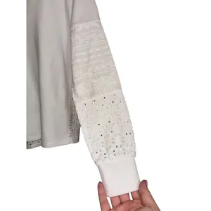Tribal‎ Womens White Eyelet Lace Sleeve Split V-Neck French Terry Sweatshirt XS thumbnail 5
